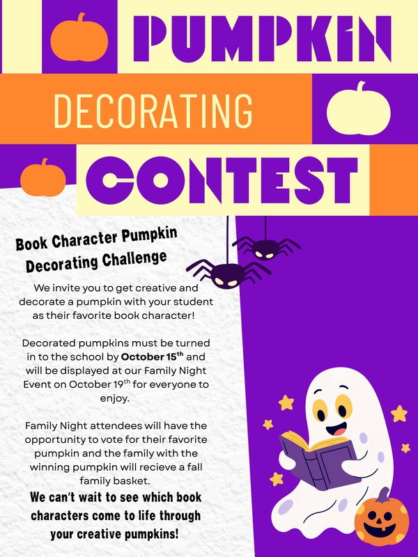 a pumpkin decorating contest flyer with a spider, bat, ghost reading a book, and a smiling Jack-O-Lantern
