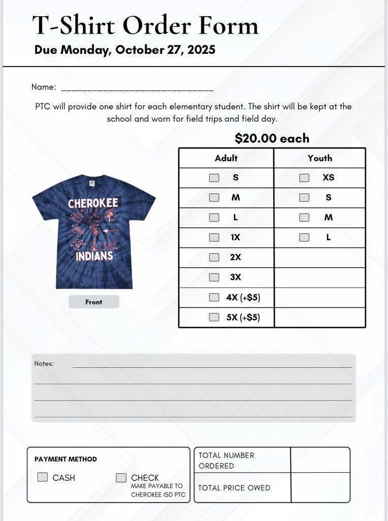 Field day shirt order from with sizes and costs