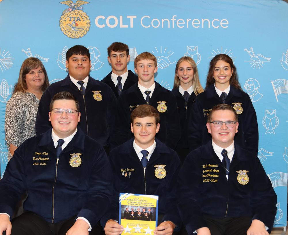 Sitting in the front row, far left, is Cooper Kline, North Rock Creek, state president, Wyatt Parker, Cherokee FFA President and Heath Laubach, Mooreland, northwest area vice-president. Standing L to R: Christy Snider, Jose Castro, Joel Parker, Gavin Guffy, Talyn Allison and Tessa Littlefield.