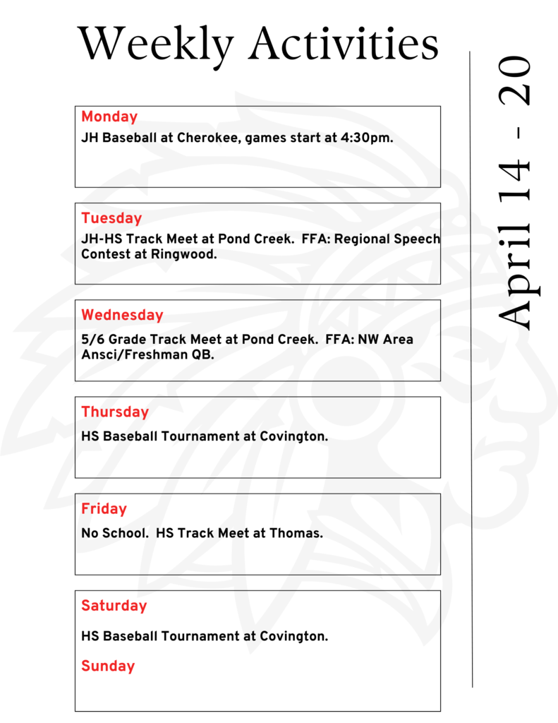 Weekly Activities calendar for April 14-20. Off white background with black font. Listing out the weekly activities found on our calendar.
