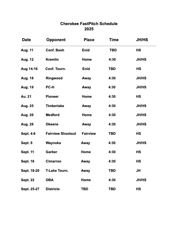 JH/HS Softball Schedule 2025