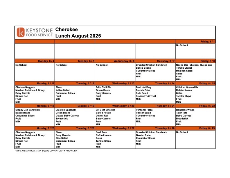 August 2025 Lunch Menu