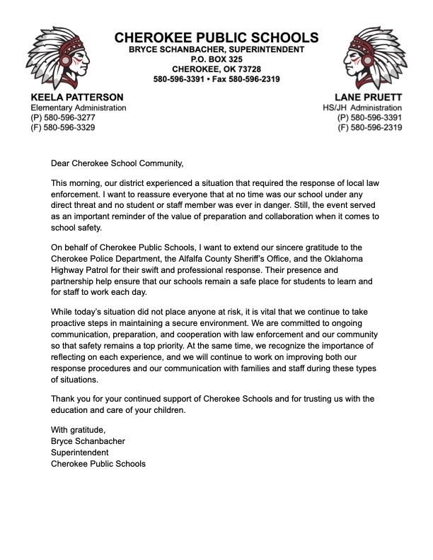 A letter from Mr Schanbacher to the community.