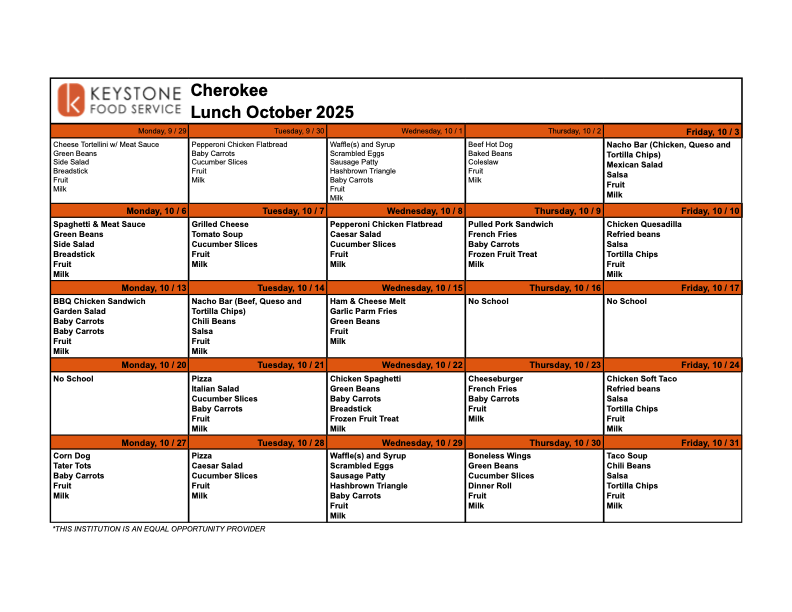 October 2025 Lunch menu