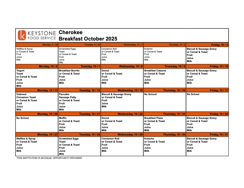 October 2025 Breakfast menu