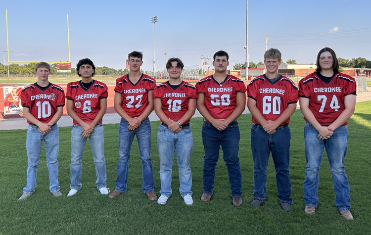 Class of 2026 - photo of 7 senior food ball players standing in the grass.