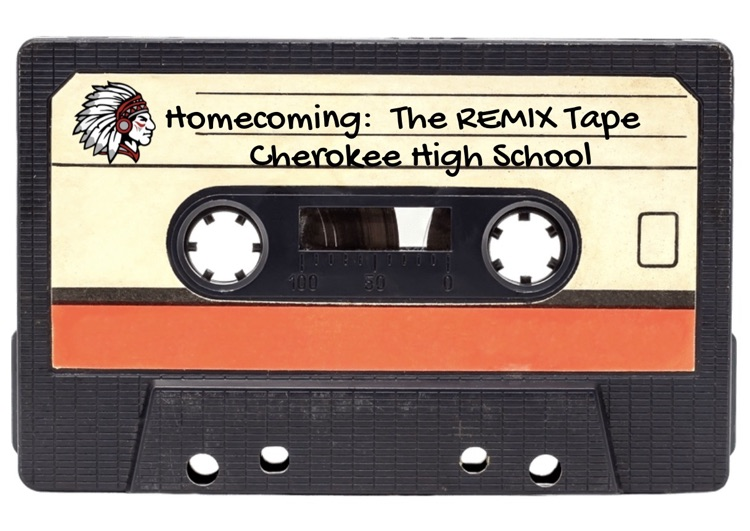 flyer that looks like a cassette tape. words say homecoming theme is Remix. 