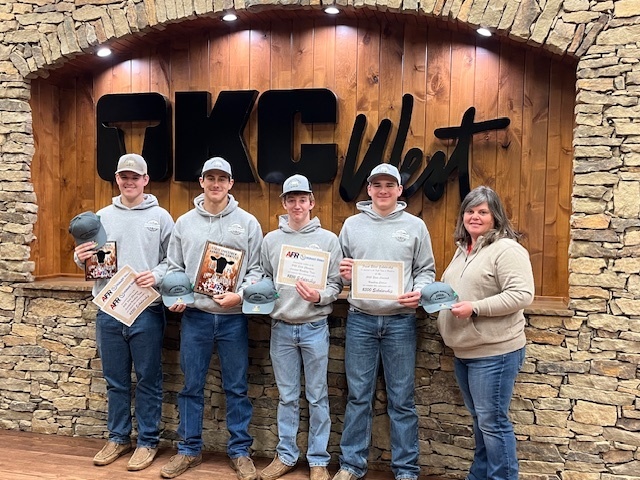 Picture of the State Champion Cattle Handing Team 2025. L to R Cade Smith, Joel Parker, Wyatt Parker, Gavin Guff and Mrs Snider.