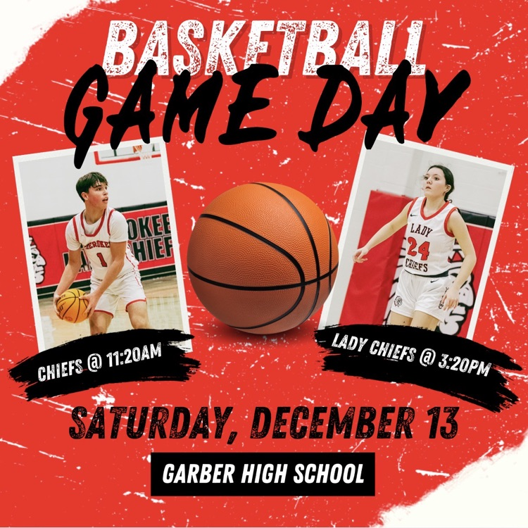 game day post. red and white flyer with 2 pictures. chiefs play at 11:20am and Lady Chiefs play at 3:20pm on Dec 13, 2025