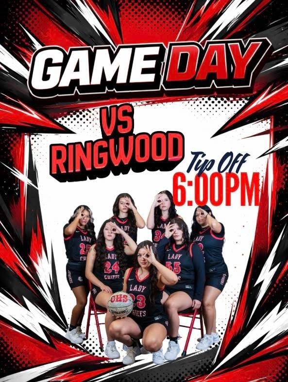 Game Day Graphic featuring the Senior Girls basketball players.  Tip off at 6pm on 12-16-25 at Cherokee HS.