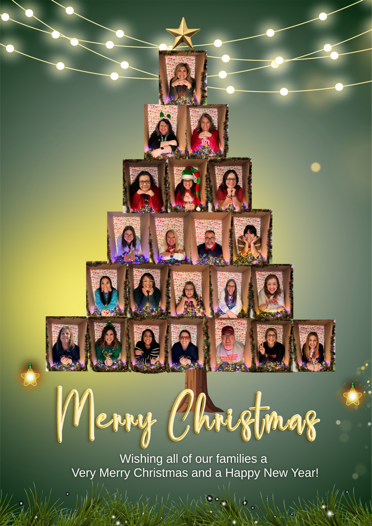 December 2025 Merry Christmas Post from our Elementary Staff.  Picture of all of the staff in the shape of a Christmas Tree