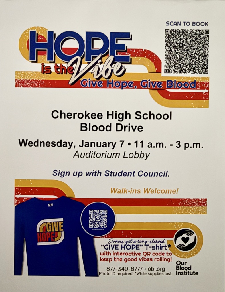 Blood drive flyer hosted by STUCO on Jan 7, 2026 from 11am to 3pm in the HS Auditorium Lobby.