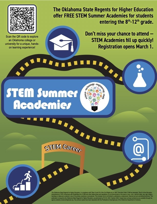Summer STEM Academies program.  Green flyer with a road map.  QR Code in the top left corner. Visit secure.okcollegestart.org for more information.