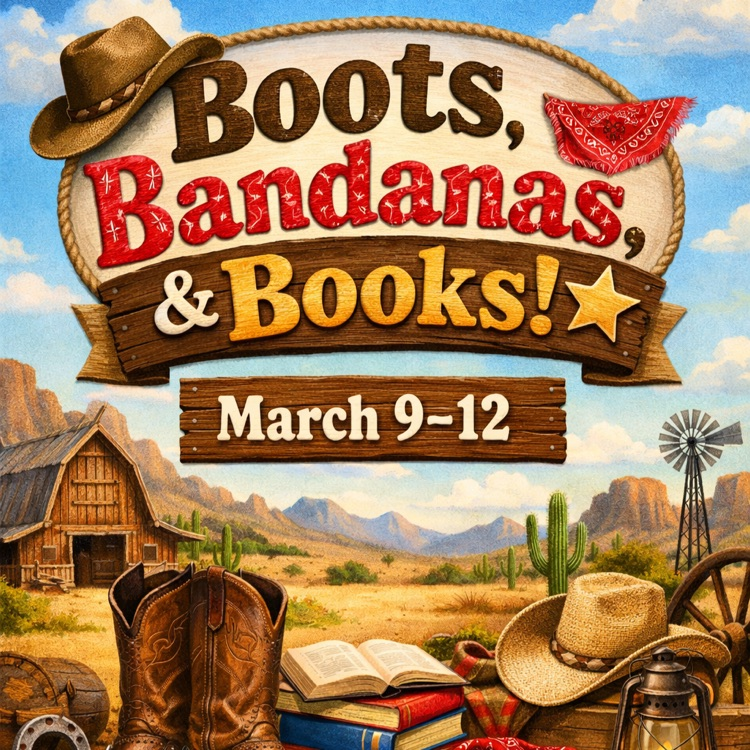 western themed book fair flyer for the elementary book fair from March 9-12, 3026
