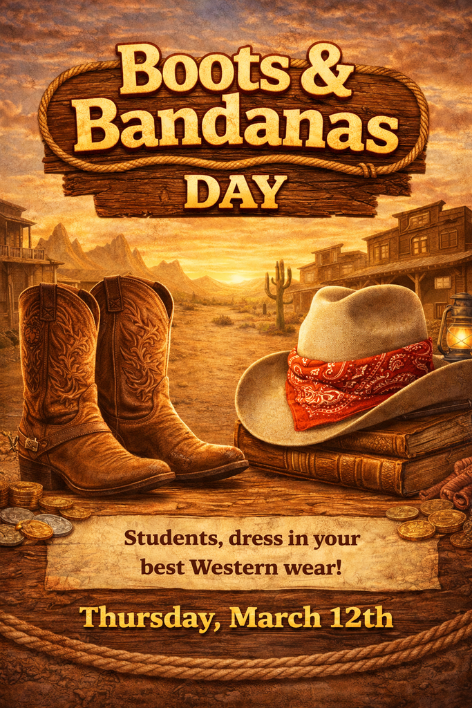 Elementary Book Fair Flyer for Boots and Bandanas Day on March 12 , 2026.  Western themed day at school.  Flyer is western themed.