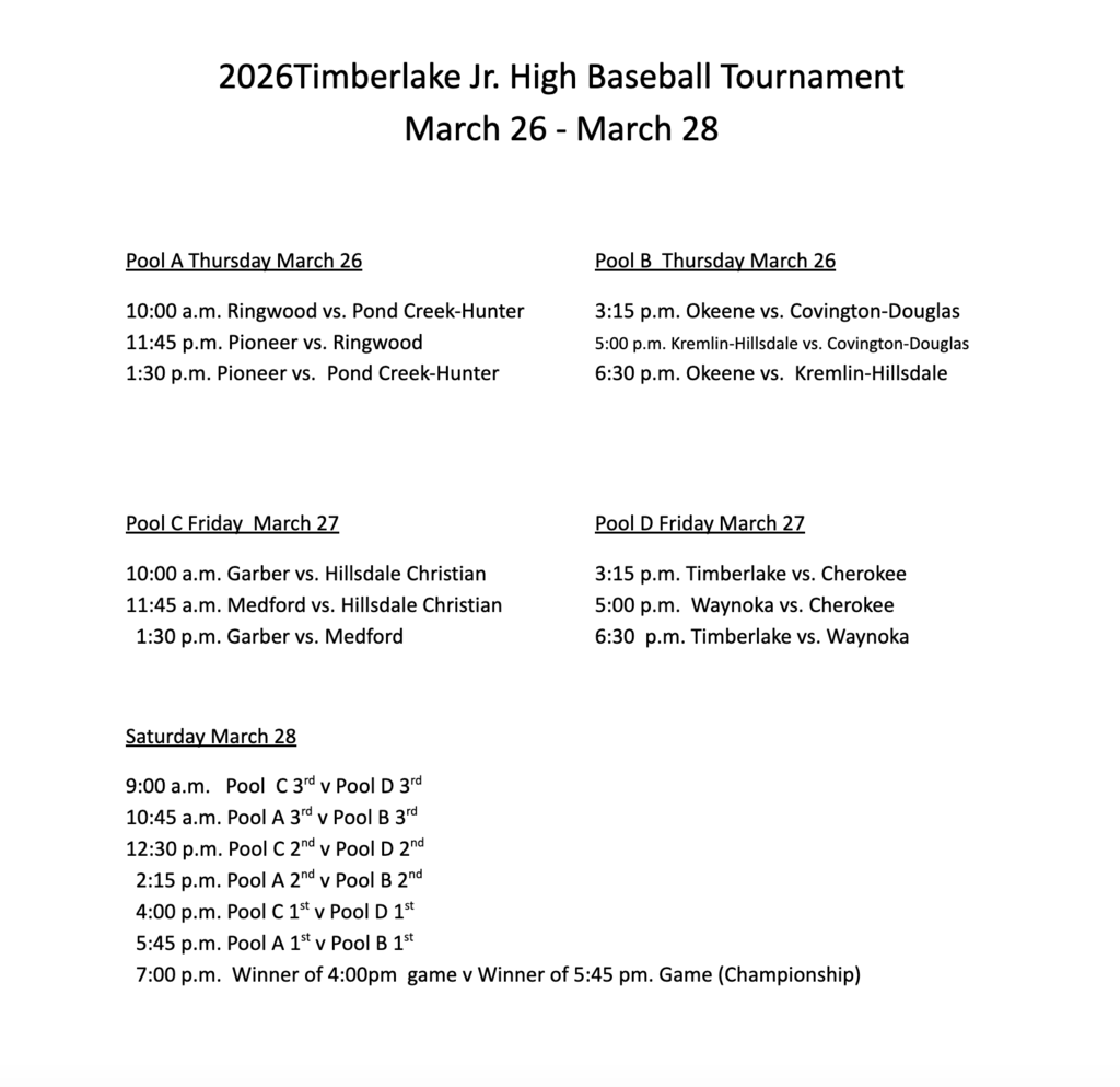 Picture of the Timberlake JH Baseball Tournament to be played in Helena on March 26-28, 2026. White document with black text.