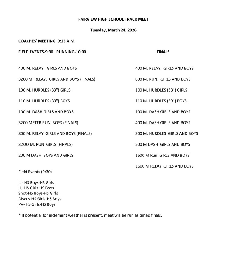 The high school track team will attend the meet at Fairview on March 24 2026. Visit this link for a PDF www.ohstrack.com/trackinfo2026/fairviewinfo32426.pdf