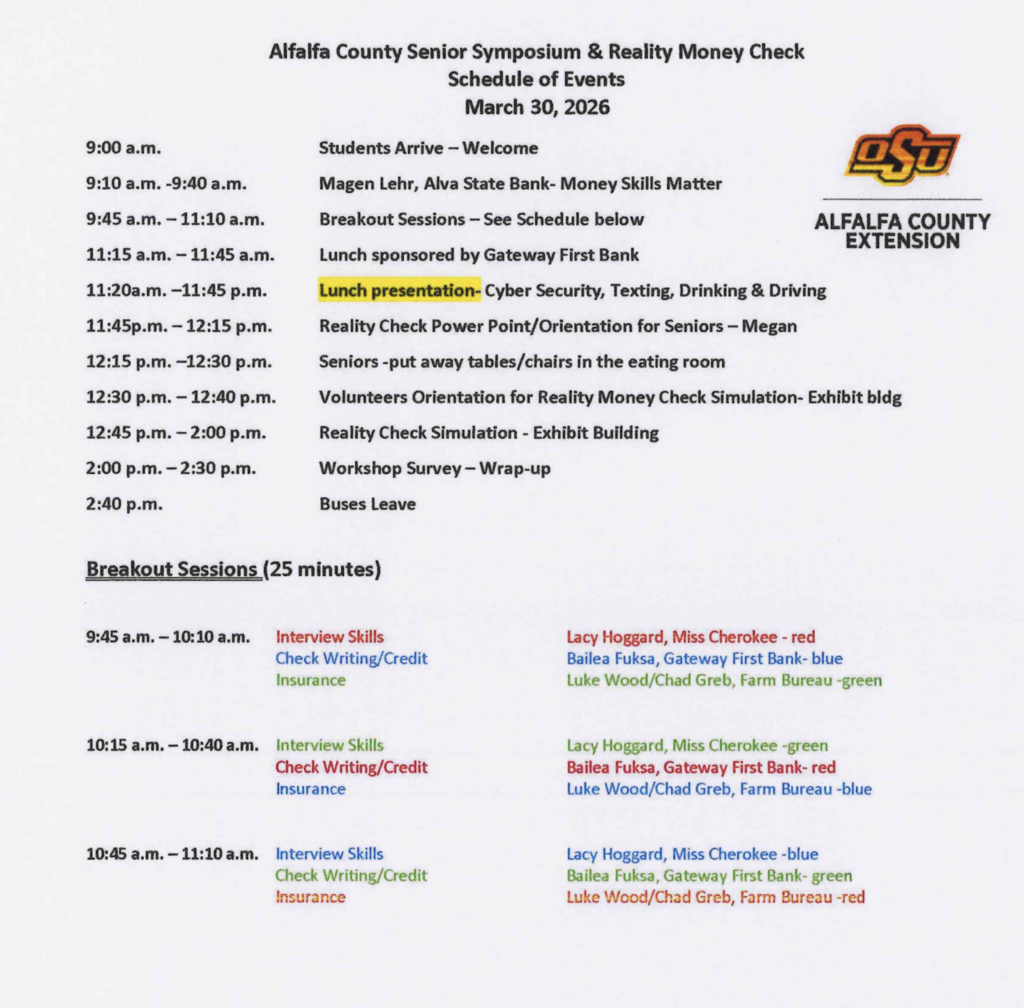Senior Symposium & Reality Money schedule for March 30, 2026 sponsored by Alfalfa County Extension Office