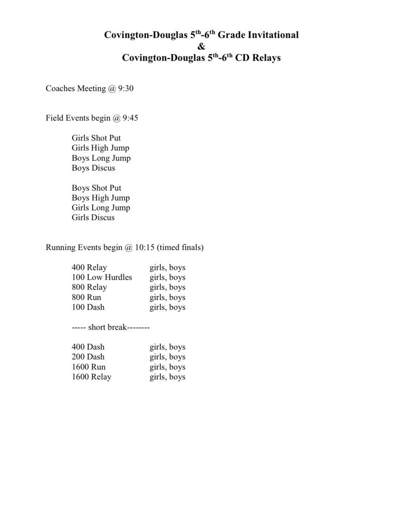 Covington-Douglas 5th & 6th grade meet schedule for March 25, 2026. White document with black text.