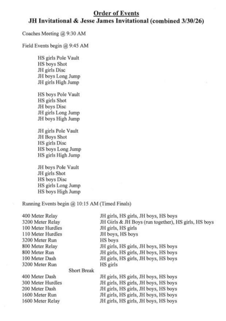 meet schedule for the Covington-Douglas track meet on March 30, 2026. white back ground with black text. field events start at 9:45am and running events start at 10:15am  