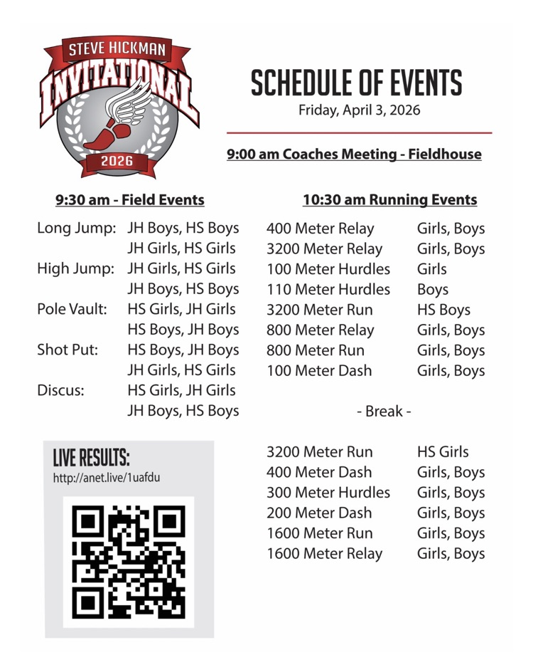 schedule of events for the JH- HS Track meet at Cherokee on April 3rd. live results: http://anet.live/1uafdu