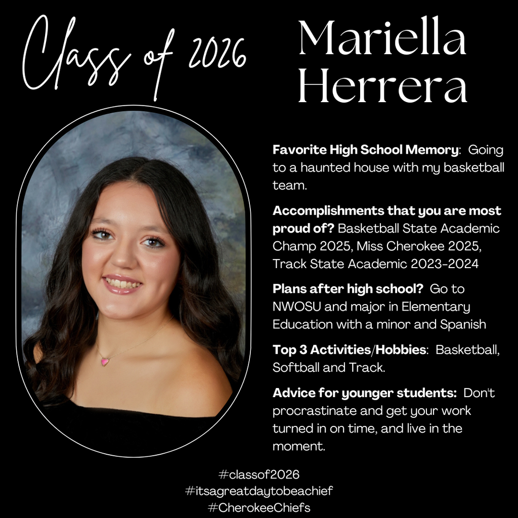 Senior Spotlight for female student.  Flyer with black background with white text.  Includes photo of student.