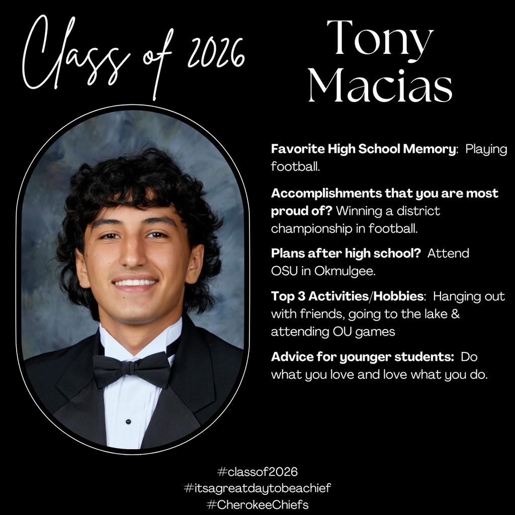 Senior Spotlight for male student.  Flyer with black background with white text.  Includes photo of student.