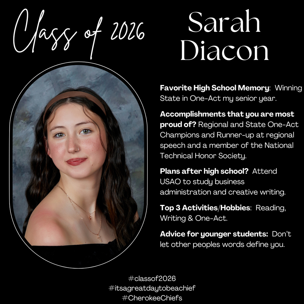 Senior Spotlight for female student.  Flyer with black background with white text.  Includes photo of student.
