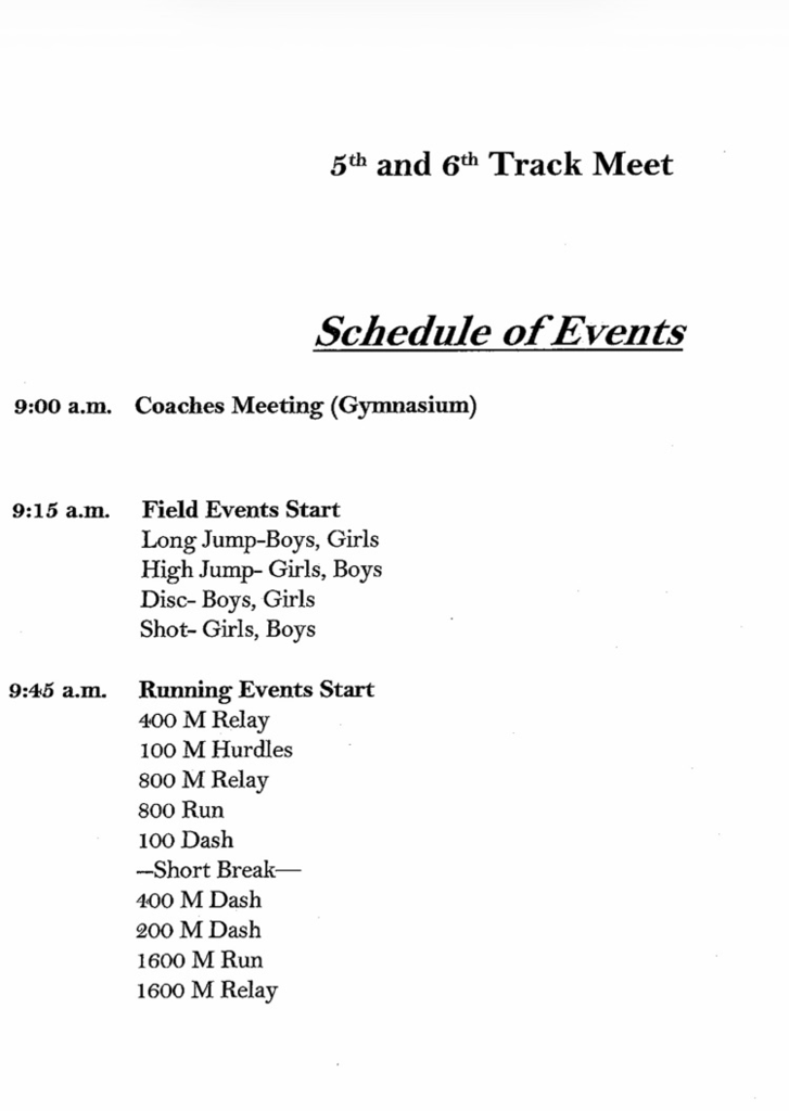 Ringwood 5-6 grade track meet schedule of events. field events start at 9:15am and running events start at 9:45am  