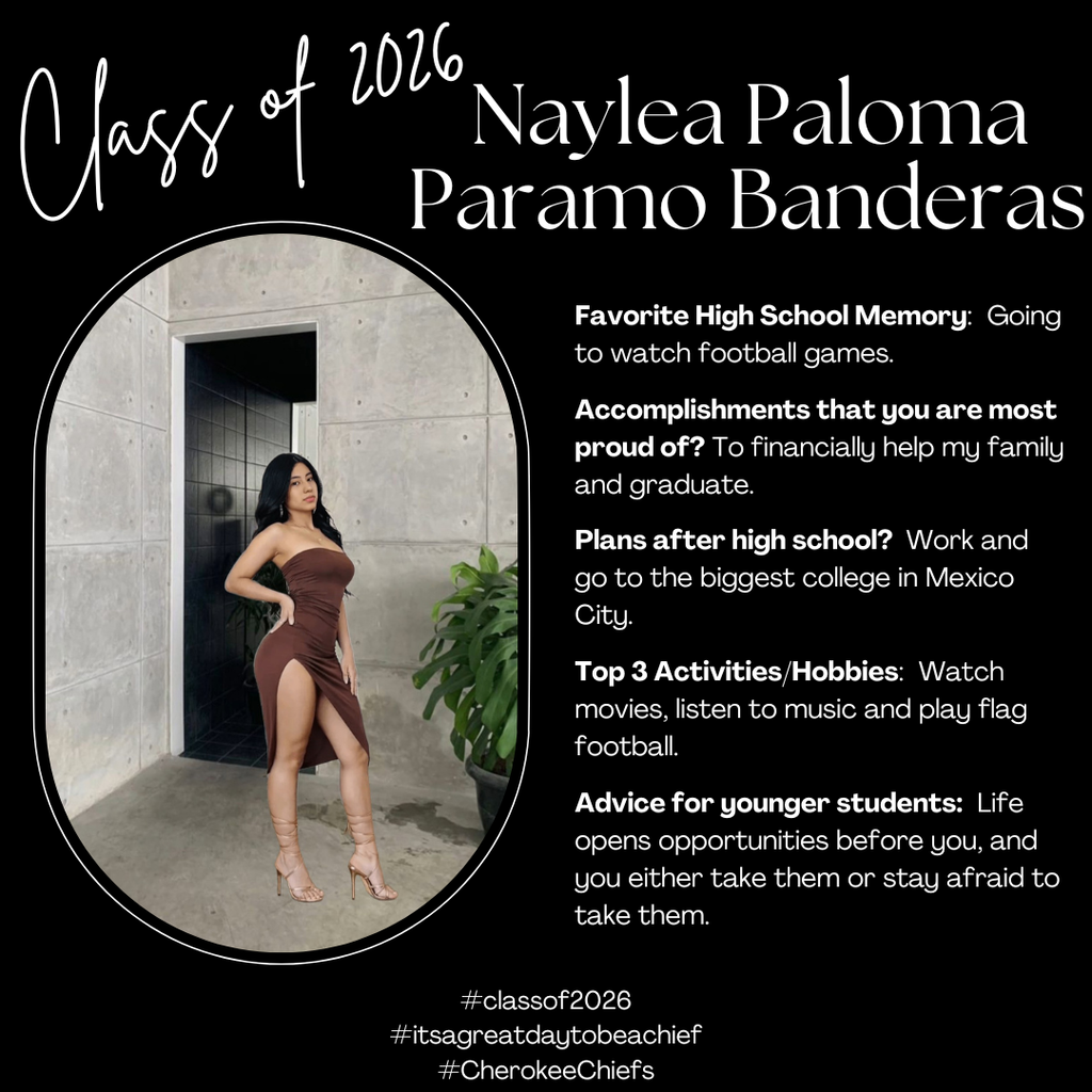 Senior Spotlight for female student.  Flyer with black background with white text.  Includes photo of student.