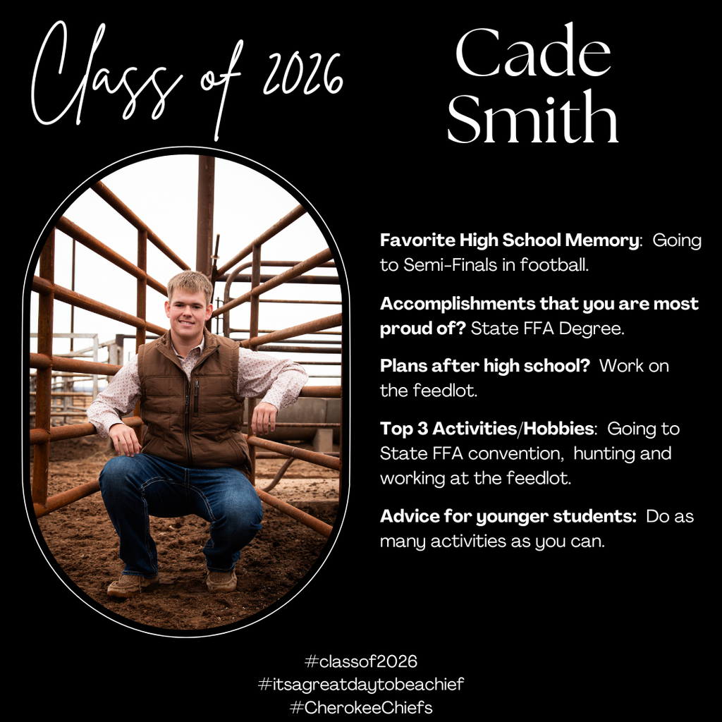 Senior Spotlight for male student.  Flyer with black background with white text.  Includes photo of student.