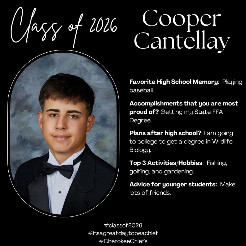 Senior Spotlight for male student.  Flyer with black background with white text.  Includes photo of student.