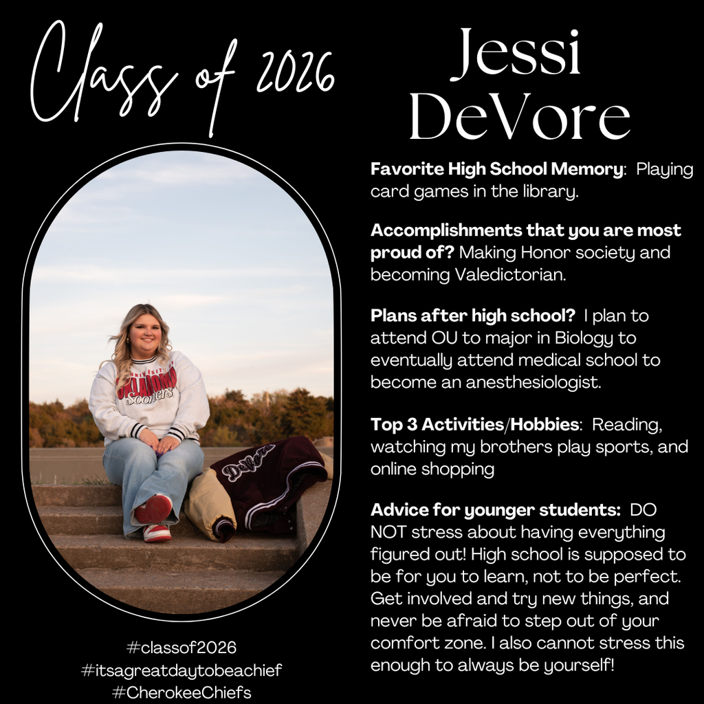 Senior Spotlight for female student.  Flyer with black background with white text.  Includes photo of student.