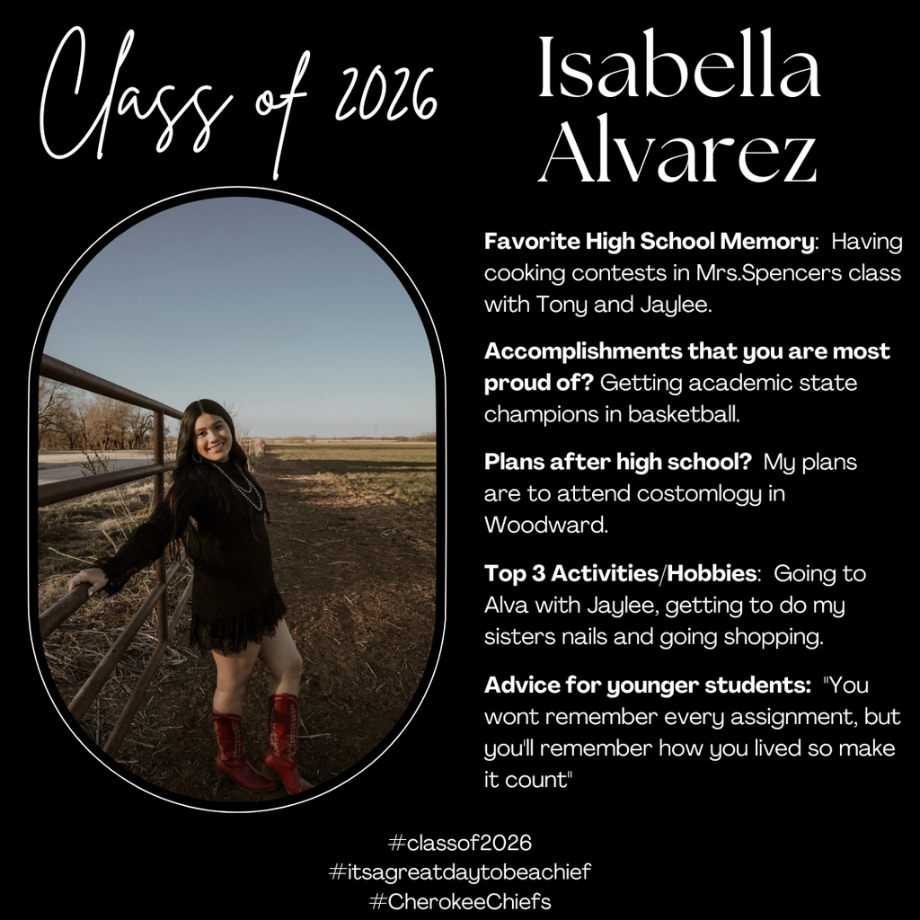 Senior Spotlight for female student. Flyer with black background with white text. Includes photo of student.