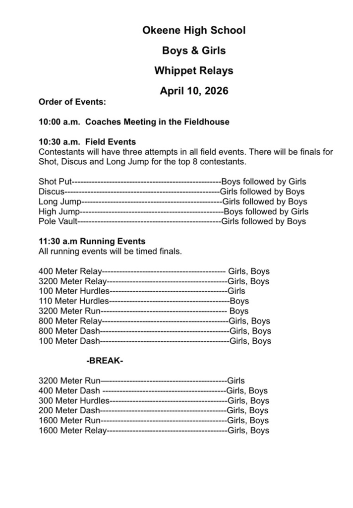 schedule of events for the HS Track meet at Okeene on April 10, 2026. white paper with black font  