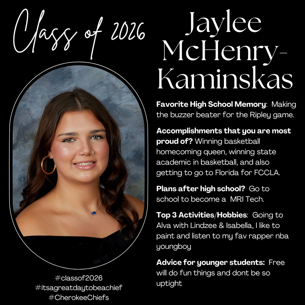 Senior Spotlight for female student.  Flyer with black background with white text.  Includes photo of student.