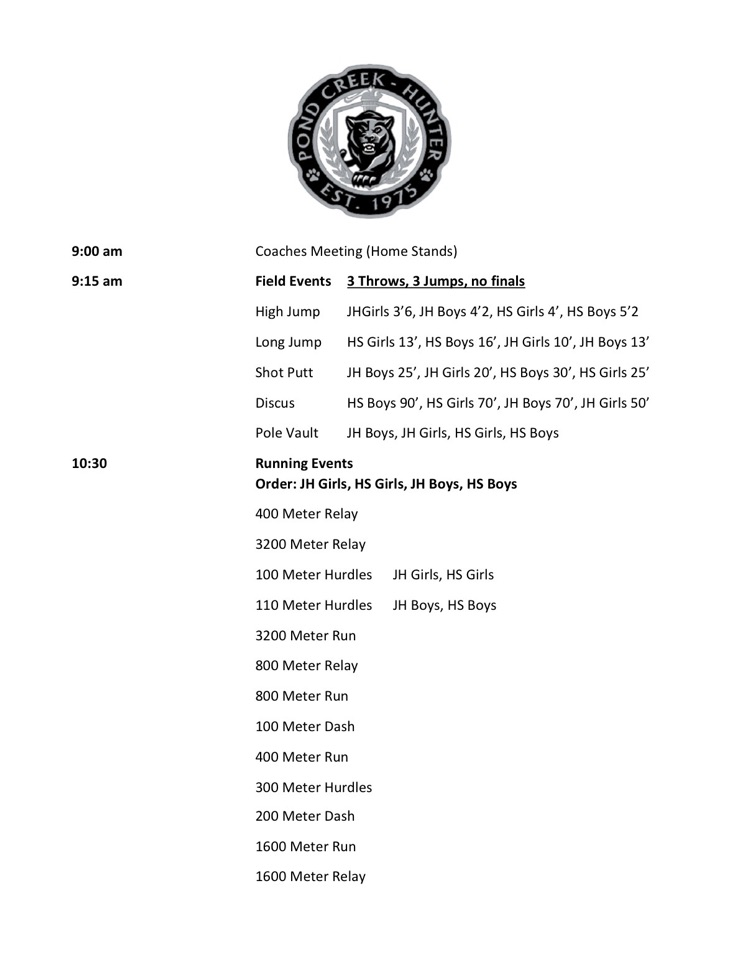 schedule of events for track meet at Pond Creek on April 14, 2026. white document with black font  
