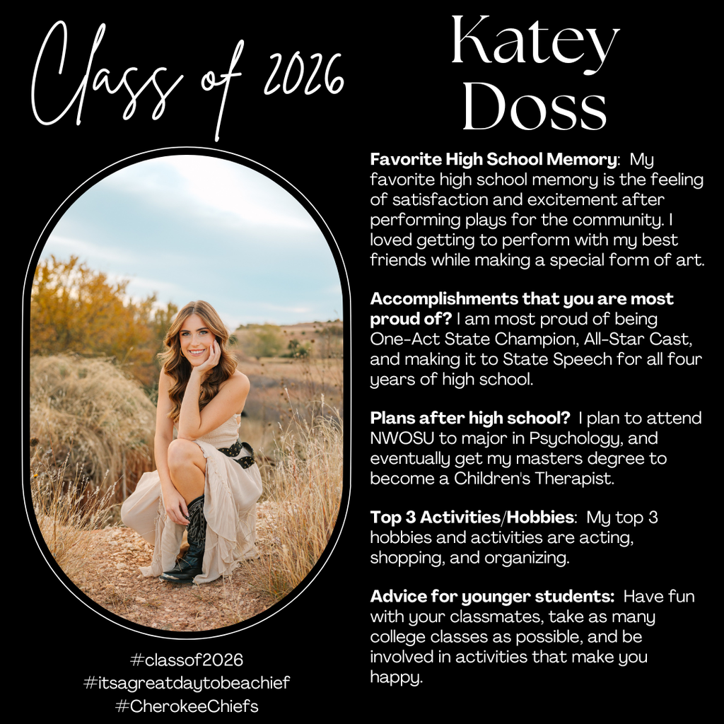 Senior Spotlight for female student.  Flyer with black background with white text.  Includes photo of student.