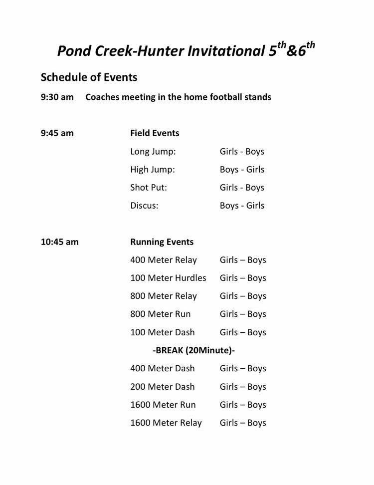 5/6 grade track order of events for April 15 at Pond Creek