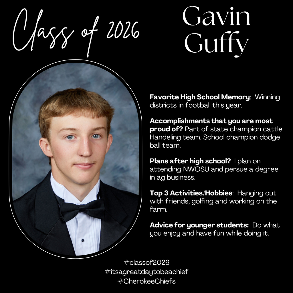 Senior Spotlight for male student.  Flyer with black background with white text.  Includes photo of student.