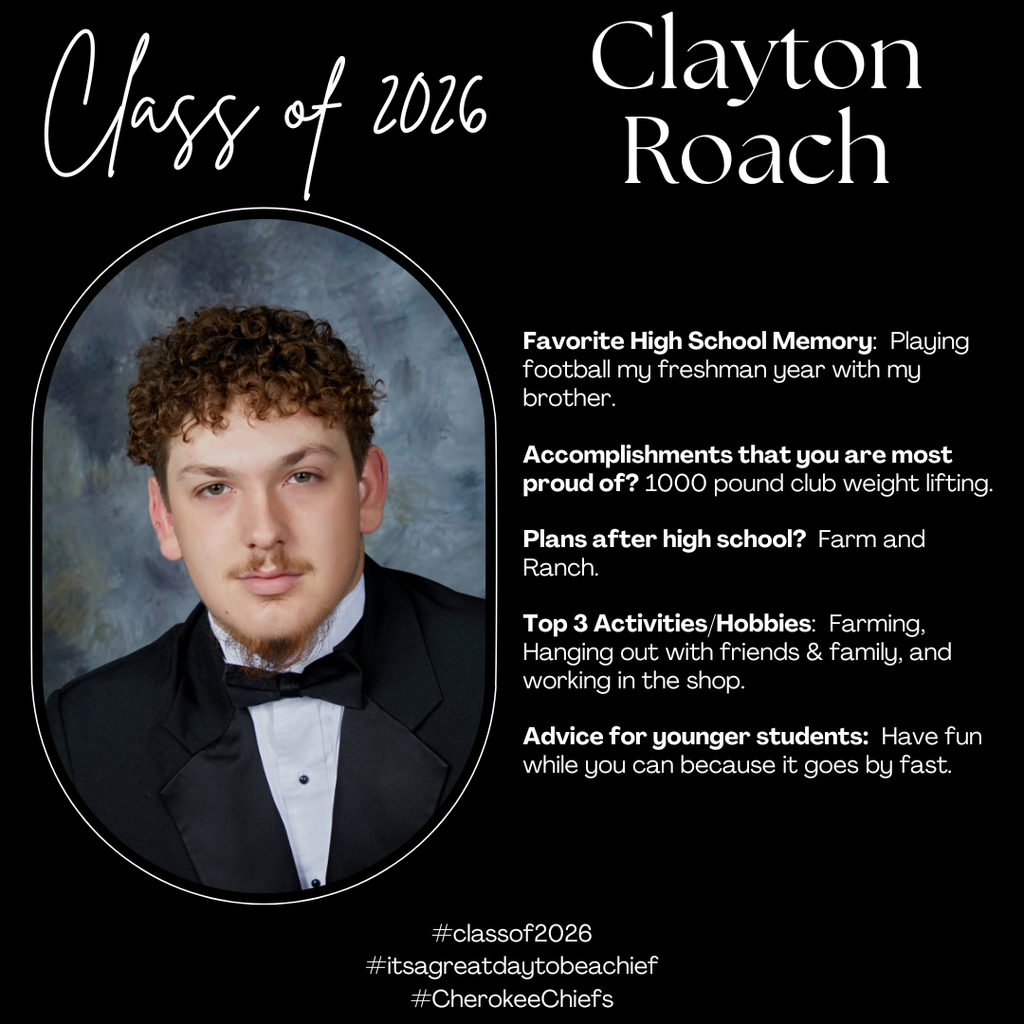 Senior Spotlight for male student.  Flyer with black background with white text.  Includes photo of student.