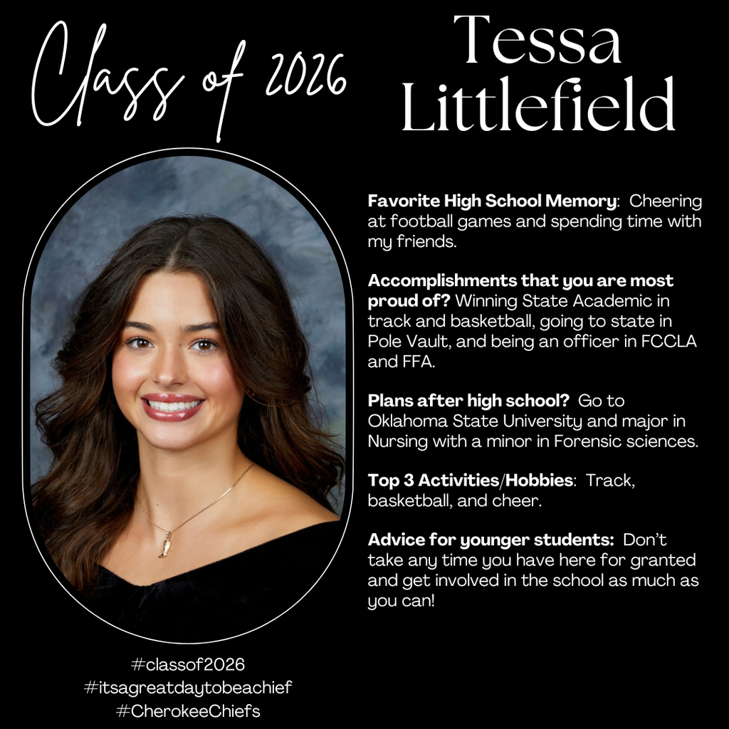 Senior Spotlight for female student.  Flyer with black background with white text.  Includes photo of student.