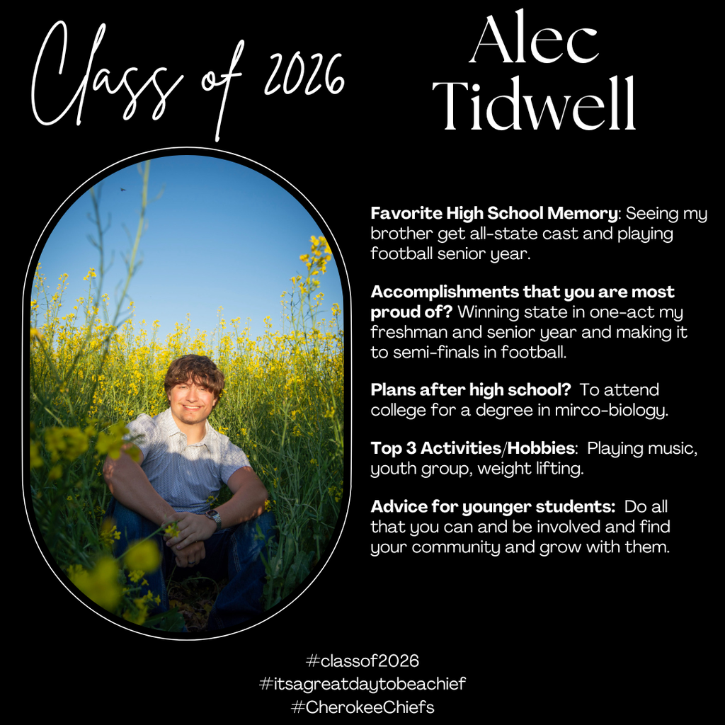 Senior Spotlight for male student.  Flyer with black background with white text.  Includes photo of student.