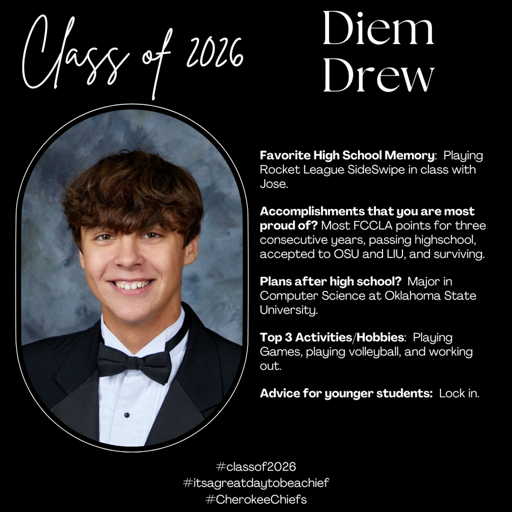 Senior Spotlight for male student.  Flyer with black background with white text.  Includes photo of student.