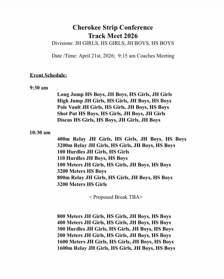 Cherokee conf Track meet schedule for April 21, 2026 at Lamont. White paper with black font  