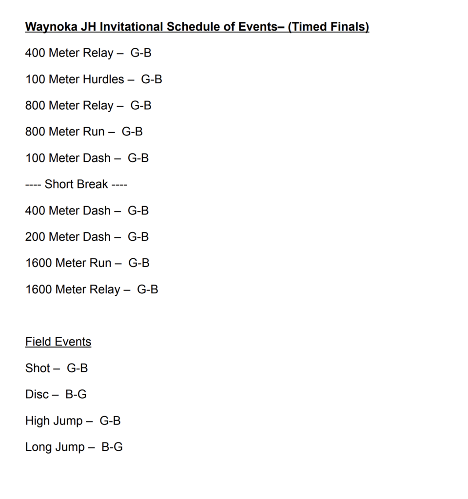 Waynoka 5/6 Grade Track Meet Schedule of Events for April 22, 2026.  White paper with black writing. 