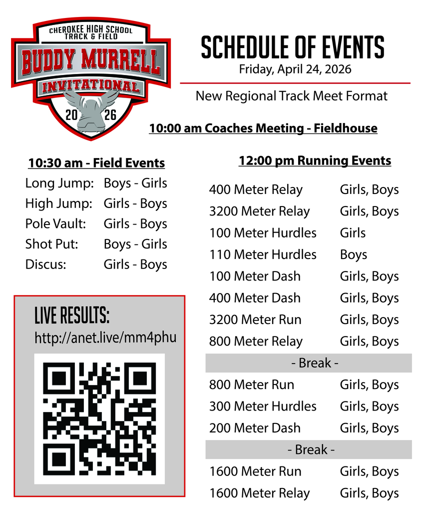 Schedule of events for the Buddy Murrell track meet at Cherokee on April 24, 2026.  Document contains a QR code.  Live Results: https://live.athletic.net/meets/65292