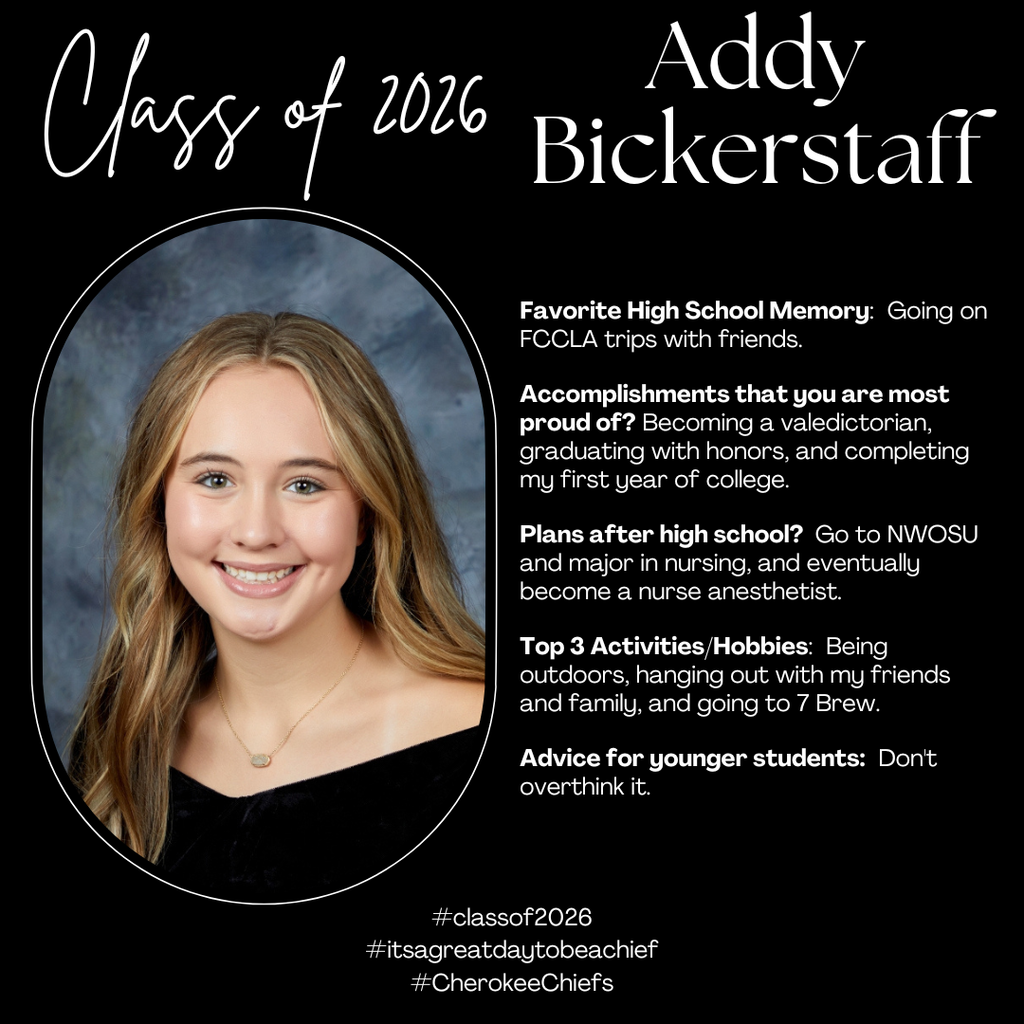 Senior Spotlight for female student.  Flyer with black background with white text.  Includes photo of student.