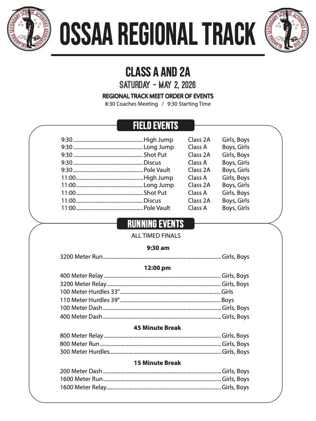 Schedule of events for the Regional Track Meet being held at Cherokee on May 2, 2026.  White paper with black writing.  Includes the OSSAA Logo.  