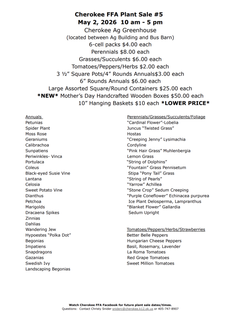 Plant Sale on 5-2-26 at the FFA Greenhouse.  List of plants for sale with prices.  White paper with black font.
